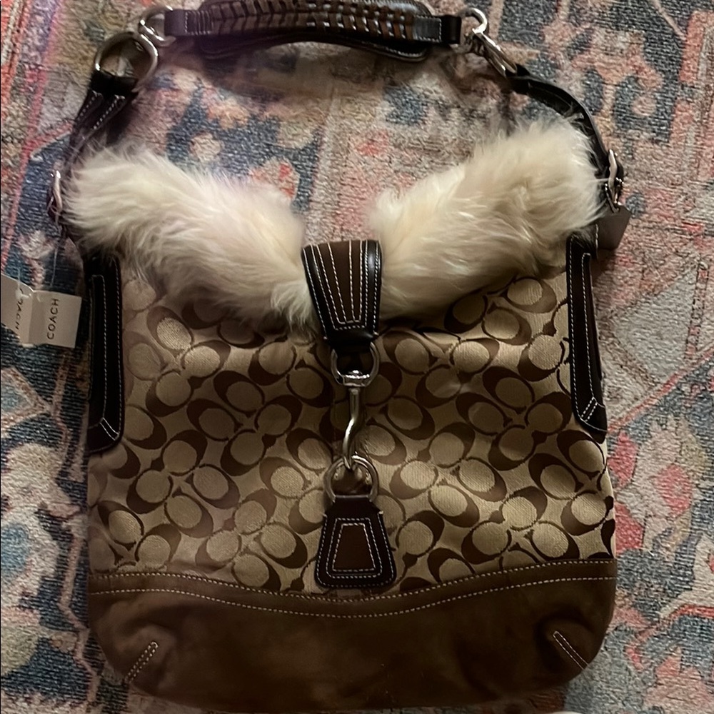 Coach Brown and Cream Signature Shoulder Bag with Fur Trim